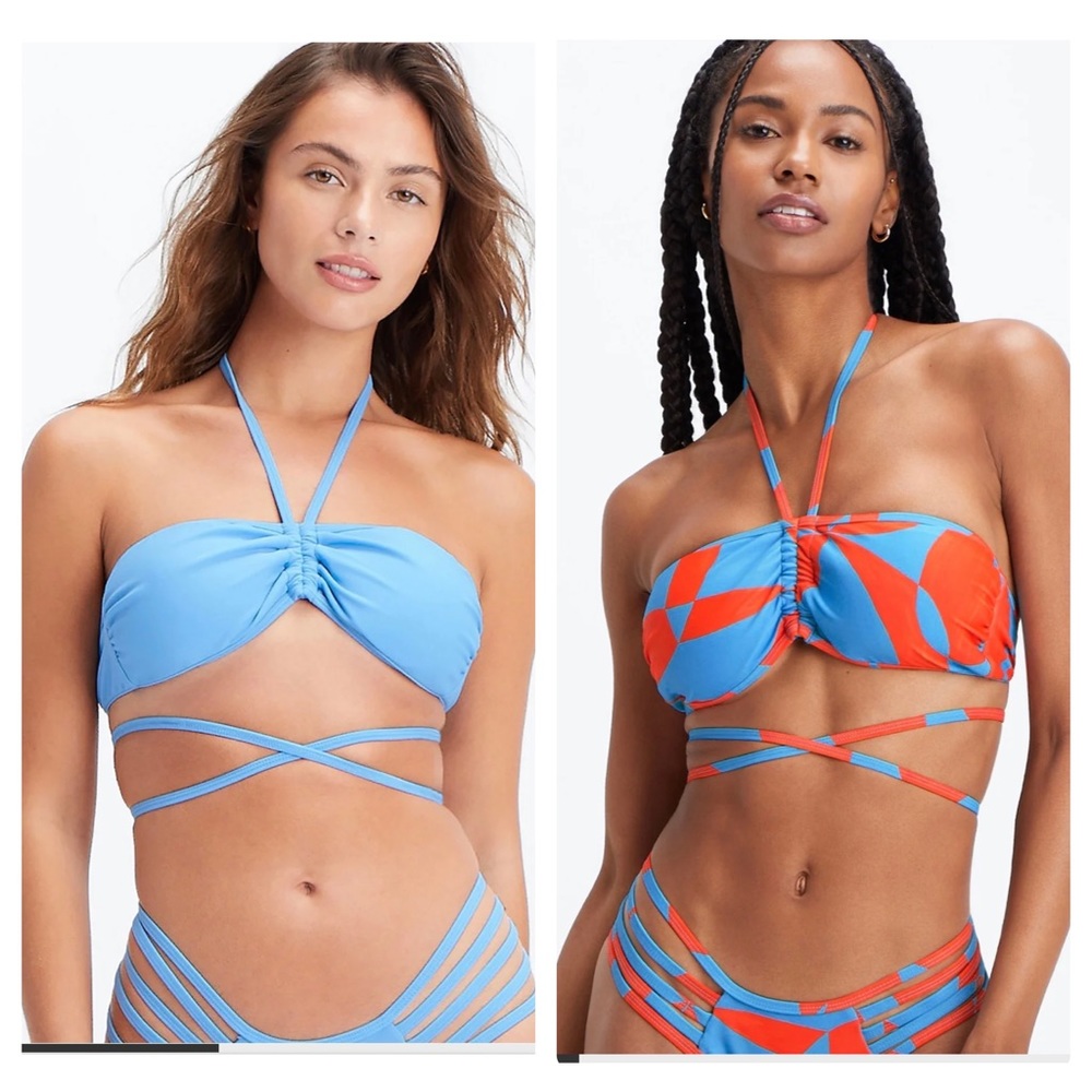 LOT of 2 Fabletics SMALL Wrap-Around Bandeau Bikini Top Swimwear Orange Blue